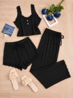 Elegant Lace-Trim Ribbed 3-Piece Loungewear Set Black - Image 3