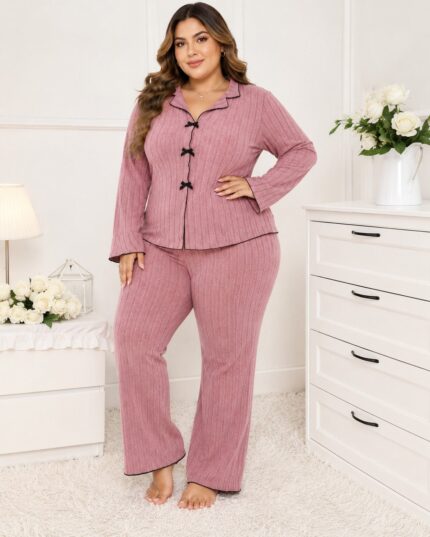 Elegant Ribbed Knit Bow-Accent Pajama Set