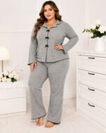 Elegant Ribbed Knit Bow-Accent Pajama Set grey