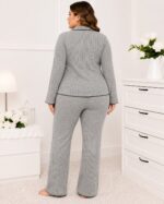 Elegant Ribbed Knit Bow-Accent Pajama Set grey - Image 2